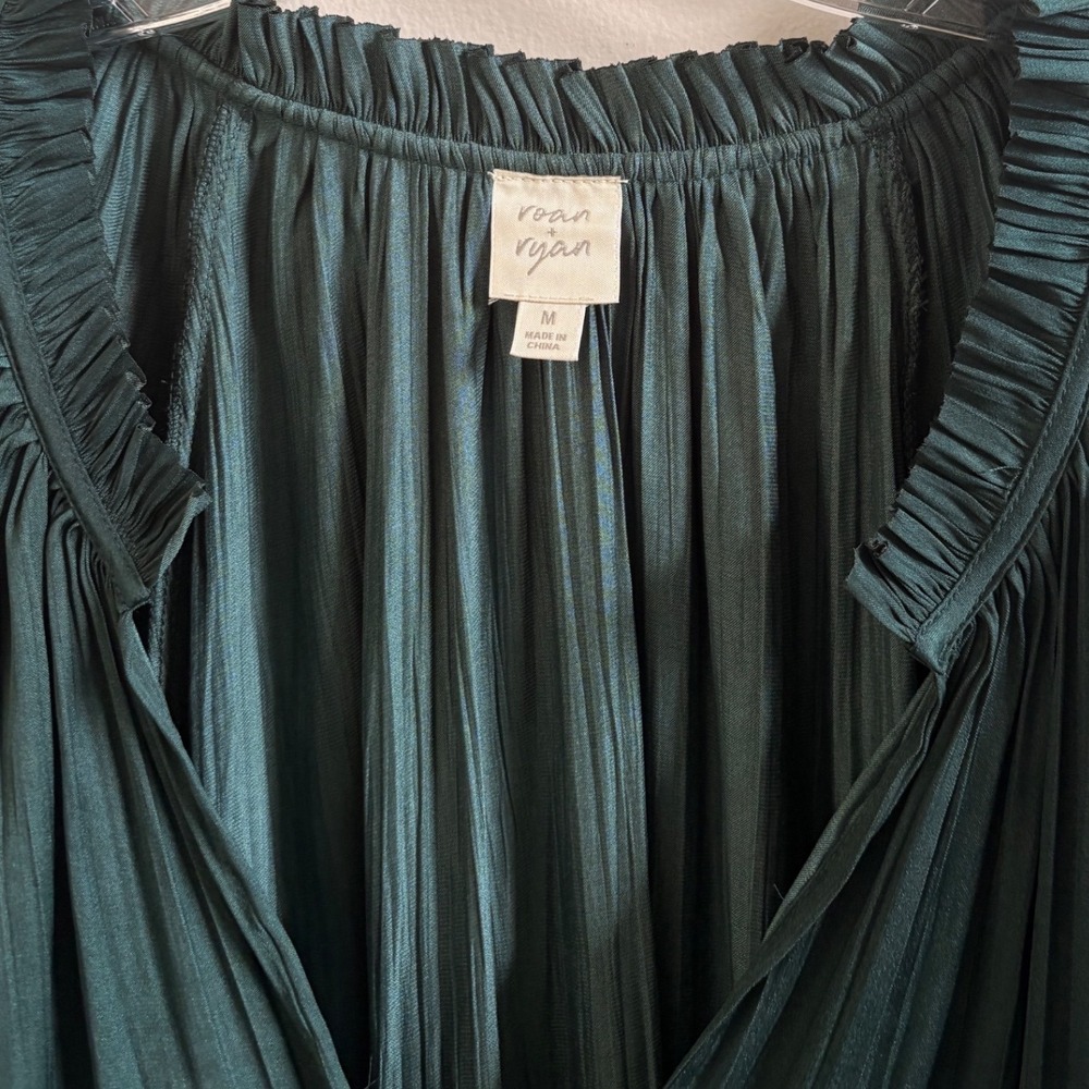 Roan + Ryan Dark Green Plissé Peasant Blouse Romantic Boho Fairy Core Top M - Picture 5 of 6